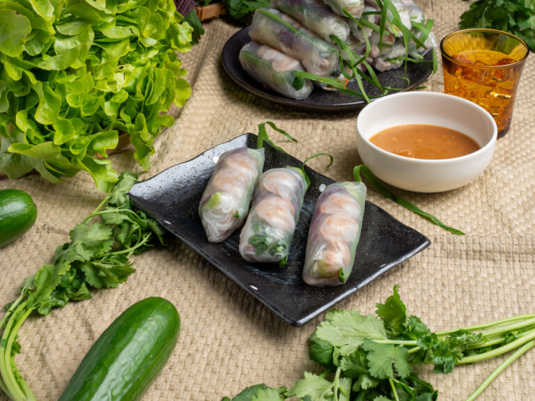 Fresh pork and prawn rice paper rolls served with peanut dipping sauce